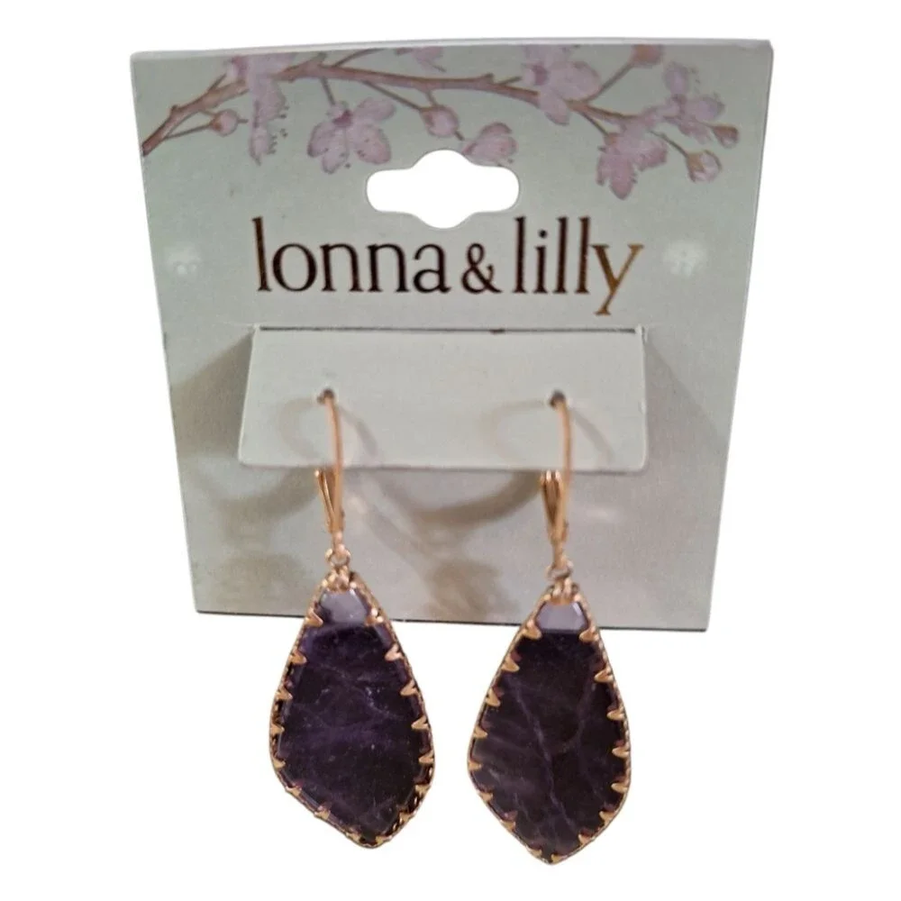 Lonna & Lilly Gold-Tone and Purple Flat Color Stone Teardrop Earrings